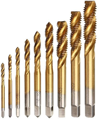 Bestgle 9Pcs Machine Screw Tap Set Titanium Spiral Flute Drill Taps Thread Tapping Tool Metric M2 M2.5 M3 M4 M5 M6 M8 M10 M12