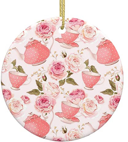 Weihnachtsschmuck – Keramik hängende runde Christbaumschmuck Kugeln – Urlaub Ornamente Dekoration Geschenkideen - Rosa Teekanne