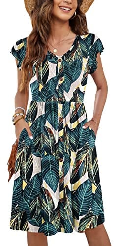 MOLERANI Women Summer Dresses Ruffle Sleeve V Neck Casual Swing Elastic Waist Midi Dress with Pockets Leaf Print XL
