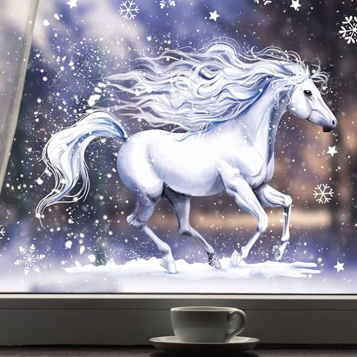 Fensterbild Pferd Winter Galopp Schneeflocken wiederverwendbare Fensteraufkleber Kinderzimmer Mädchen Kind, 2. A3 Bogen