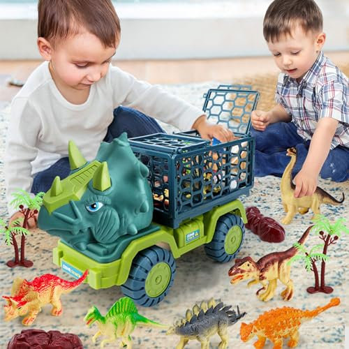 POPOYU Dinosaurier LKW Spielzeug für Kinder von 3–5 Jahren,Dinosaurier Spiel-Set Truck mit Triceratops-Transportauto,12 Dino-Figure,Capture Jurassic Dinosaur Play Set für Jungen und Mädchen