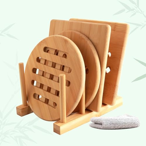 6 Pièces Dessous de Plat en Bambou, Dessous de Plats Rond Carré, sous Plat de Table Protege Poele, avec Égouttoir et Tissu de Nettoyage pour Casseroles Assiettes Tasses Bols Théières