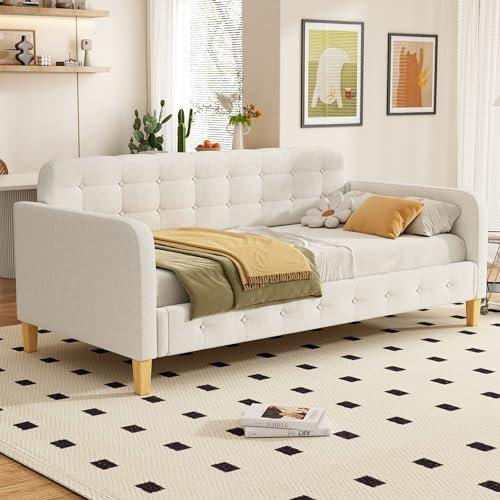 Merax 90x200cm Schlafsofa, Daybed,Tagesbett, mit Knopfnagelverzierung,Stilvoll und einfach - Beige (ohne Matratze)