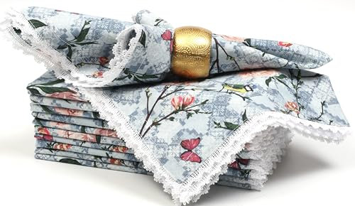 Bedding Craft Printed Cotton Dinner Napkins Set of 12 – 18x18 Lace Birds Design – Elegant & Reusable Fabric Table Napkins for Dining, Parties, Weddings & Everyday Use