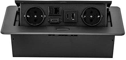 Tischsteckdose Einziehbare Steckdosen,Tischplatte Versteckt Steckdose,Pop-up Bodenbox mit 2 EU LAN HDMI und 5V 2A USB Typec Ladegeräten,AC250V 16A (Schwarz)