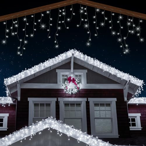 ANSIO® Outdoor Christmas Lights 120 LED 4m/13ft Icicle Lights Outdoor & Indoor Cool White Decorations String Fairy Outside Lights with Timer for Xmas Garden Bedroom & Party|Mains Powered Green Cable