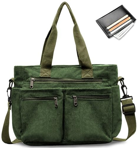 Tokeya Handtasche Damen, Cord Umhängetasche Damen Mittelgroß Tote Bag Tasche mit Mehrere Taschenfach, Kord Crossbody Bag Frauen Shopper Schultertasche Damen für Arbeit Büro Reisen Einkaufen, Grün