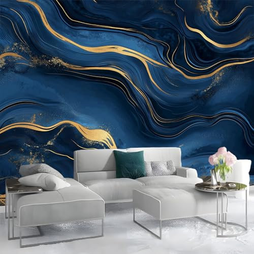 Tapete Fototapete 3d Effekt Dunkelblau Gold Abstrakter Marmor 200x140cm Wandbild Wanddeko für Wohnzimmer Schlafzimmer, Dunkelblau Vlies Tapeten mit Geruchsfreiheit Wandposter Wandkunst