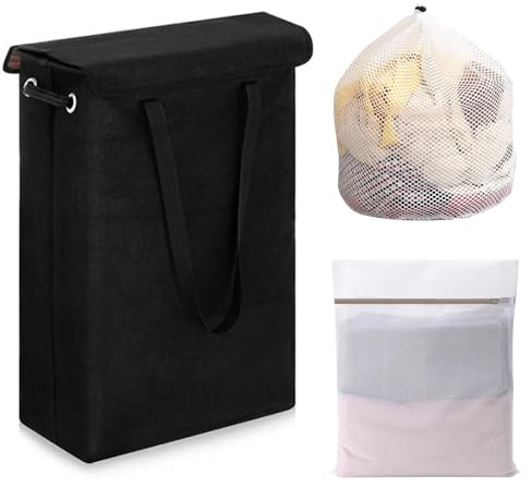 Oungy Faltbarer Wäschekorb Schwarz mit Deckel, 45L Wäschekorb Schmal und Hoch, Wäschesammler Schmal mit Griff, Wäschesammler Klein mit 2 Stück Wäschesack für Bad und Schlafzimmer, 60x39x19 cm