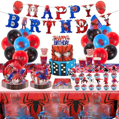 106Pcs Spider Birthday Party Tableware Set for Kids, Spider Birthday Decorations Include Banner, Balloon, Plates, Tablecloth, Napkins, Cake Topper, Party Supplies for 10 Guests Boys Girls
