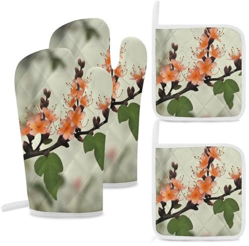 Ofenhandschuhe und Topflappen, Blumenmuster, gemäßigte Zone, 4 Stück, rutschfest, hitzebeständig, Ofenhandschuhe, wasserabweisend, Untersetzer-Set, lange Ofenhandschuhe zum Kochen