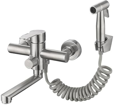 Wandmontage Armatur Küche mit Brause Küchenarmatur aus gebürstetem Edelstahl Einhebel Küchenarmatur Wasserhahn Küche für heißes und kaltes Wasser Spültischarmatur Mischbatterie Küche