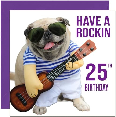 Geburtstagskarte zum 25. Geburtstag – Rock-n-Roll-Mops-Hund, lustige Geburtstagskarte für den 25. Geburtstag, fünfundzwanzig