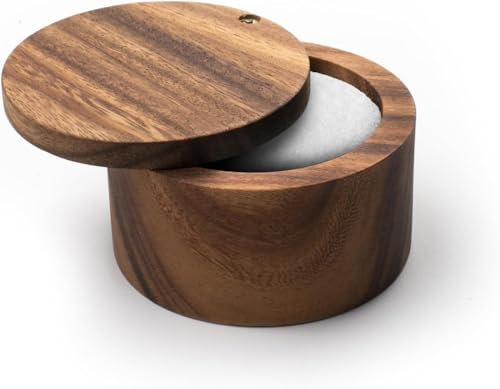 Mango Wood Salt Cellar Bowl Box, Elegant Kitchen Salt Container Holder with Swivel Magnetic Lid to Store Pepper Spice Bath Salt Sea Salt Herbs or Favorite Seasonings, 6oz