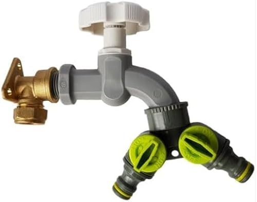 15mm Brass Wall Flange Kit with Grey Dial Tap + Two-Way Splitter - to Easily Create a New Garden Outlet from Your Copper Pipe Water line.