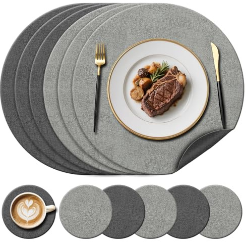 Kunstleder-Tischsets (38 cm) & Untersetzer (10 cm), Hellgrau/Grau, 6er-Set | Beidseitig Runde Tischsets, hitzebeständig bis 212 °F, rutschfest & waschbar, für Glas-/Holz-/Marmortische, Garten im Freien