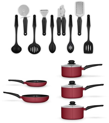 Swan SWPS5022RED Townhouse 14 Piece Aluminium Cookware and Tool Set with 16/18/20cm saucepans with Glass Lids and 20/26cm Frying Pans, Red