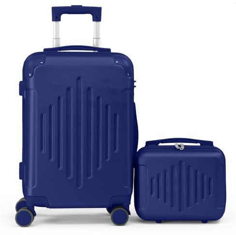 LEADZM Kofferset 2 teilig, Reisekoffer Set mit Kosmetikkoffer und Eckenschutz, Koffer Set Hartschalen-Trolley aus ABS mit Teleskopgriff, Handgepäck, Diamantförmige Vertikale Streifen (Flugblau)