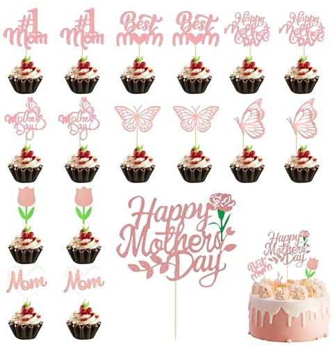 PYSEOSISE Muttertag Tortendeko, 37 Stück Happy Mothers Day Cake Topper, Glücklicher Muttertag Kuchen Topper Glitter Kuchendekoration Cupcake Topper für Muttertag Party