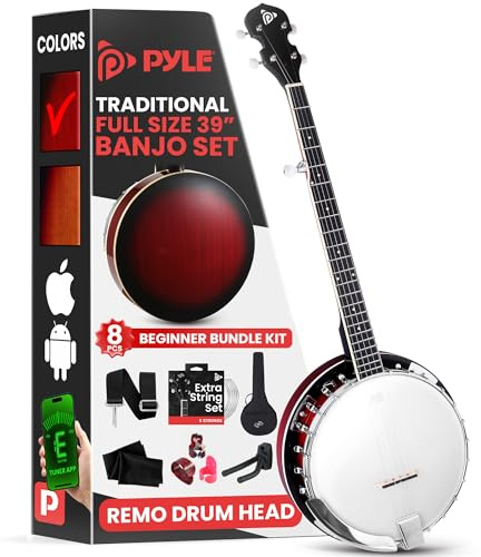 Pyle Banjo-Set mit Remo-Kopf und Sapeli-Resonator, 99,1 cm, volle Größe, traditionelles offenes oder geschlossenes 5-Saiten-Instrument mit 24 Halterungen, verzahnter 5. Stimmwirbel und