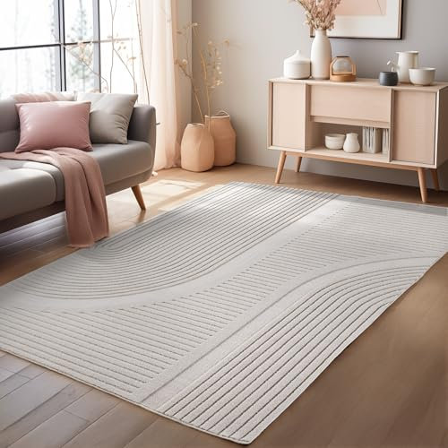 HomebyHome Teppich Boho 200 x 290 cm Creme – Weicher Skandinavischer Kurzflor mit 3D-Effekt – Waschbar & Pflegeleicht – Großer Teppich für Wohnzimmer, Esszimmer oder offene Räume