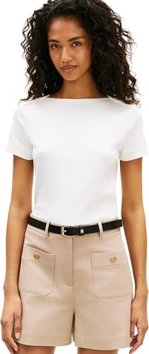 Tommy Hilfiger Damen Gold Button Slim Ss Tee WW0WW49250 Weiß S
