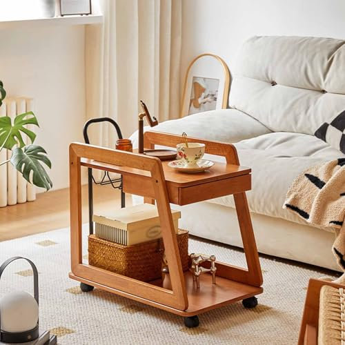 Tavolino in ciliegio su ruote, tavolino moderno per divano e reclinabile, comodino stretto con cassetto portaoggetti e ripiano in legno aperto, per soggiorno e camera da letto