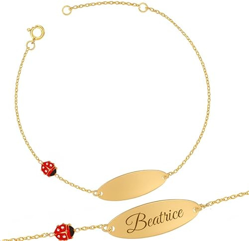 Sakrami Armband für Mädchen oder Jungen aus 9 Karat Gold, mit emailliertem Marienkäfer und Zirkonia + Gravurplatte – Box mit personalisierter Plakette – Geschenk für Geburt, Taufe, Geburtstag oder