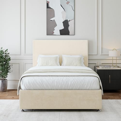 Bedmaster Naples Velvet Divan Bed Base With Storage And Plain Headboard - Colour And Size Options (Cream 0 Drawer, Super King)