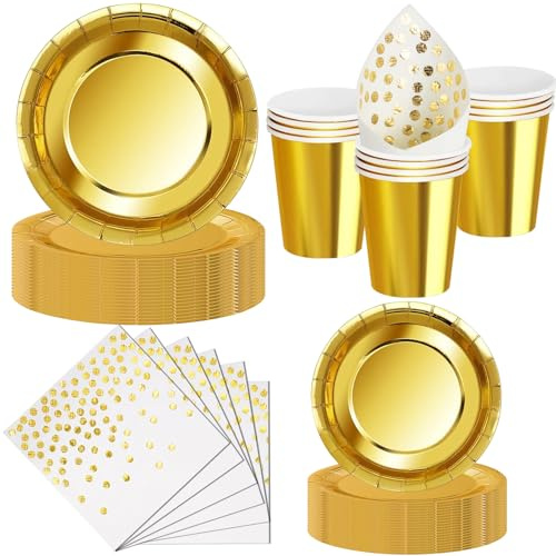 Nkaiso 50 Pcs Doré Assiette Jetable Anniversaire -10 invités | 10 Assiettes 23cm, 10 Assiettes 18cm, 10 Gobelets, 20 Serviettes pour Decoration Party, Baby Shower, Nationale