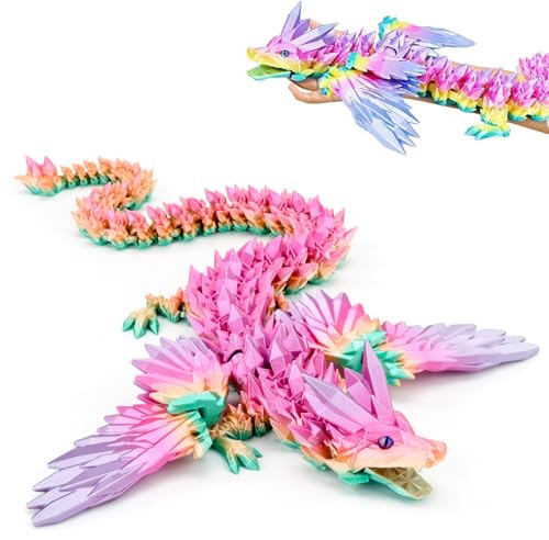 Zhaohyjianm 3D Drachen Spielzeug, 60CM Große Drachen Figuren mit Beweglichen Gelenken und Kristall-Deko, Realistischer Drache als Schreibtischspielzeug und Sammlerstück (Regenbogen)