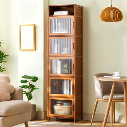 JSLJJBD Freistehender Eckschrank mit Türen Bambus-Aufbewahrungsschrank vitrinenschrank sammlervitrine Flip-Schranktür-Design Vitrine für Wohnzimmer, Schlafzimmer A 6-Tier