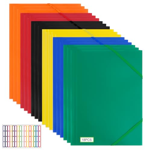 18 Pcs Einschlagmappe A4 mit Gummizug, Sammelmappe PP-Kunststoff Eckspanner A4 Mappe PP DIN A4 mit 2 Gummizügen, Dokumentenmappe, Leichter Ordner für Akten, Besprechungen, Berichte-6 Farben