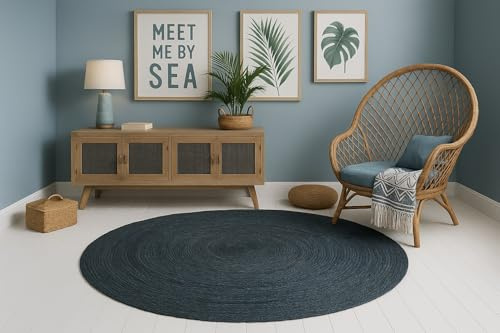 MY-RUG Jute Teppich Rund 120 cm - Sisal-Optik Handgewebt - Stone Grey Blue | Nachhaltiger Naturfaser Wendeteppich aus 100% Jute, OEKO-TEX zertifiziert, ideal für Wohnzimmer, Schlafzimmer und Flure.