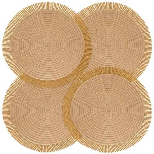 fanquare 30cm Runde Braun Boho-Platzsets Geflochten mit Fransen 4 Stück | Tischsets Abwaschbar Abriebfeste Hitzebeständig Platzdeckchen für Tisch Küche Essen