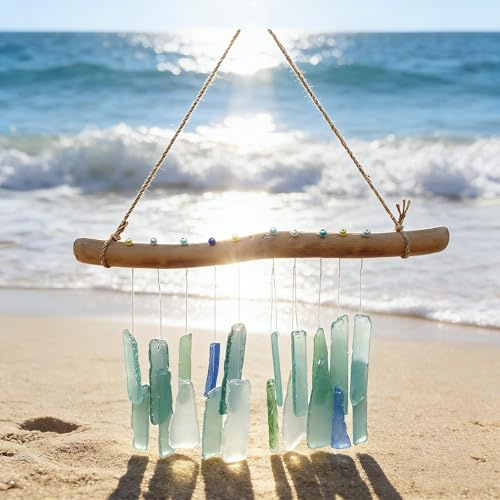 Windspiel mit harmonischem Ton aus Meeresglas und Treibholz für friedliche Gartenbalkone oder Sonnenräume