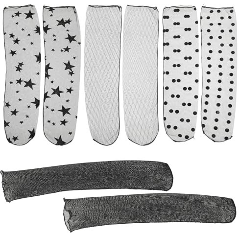 LUOEM 4 Paar Damen NetzstrüMpfe, RüSchensocken in Schwarz, Elastische Slouch Socken Frauen hohe Socken schiere Slouch Söckchen transparente Spitzen Socken