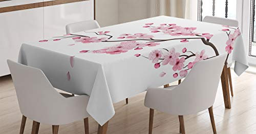 ABAKUHAUS Asiatique Nappe, Cherry Branch Japonaise, Linge de Table Rectangulaire pour Salle à Manger Décor de Cuisine, 140 x 240 cm, Rose Blanc