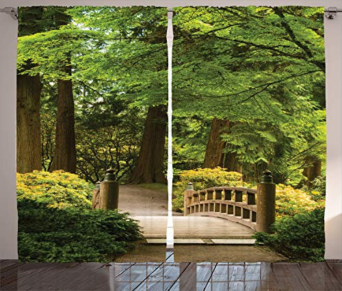 ABAKUHAUS Japonais Rideaux, Pont de Bois sur l'étang, Décoration Intérieure Accent Lot de 2 Panneaux, 280x260, Veau Vert Lime