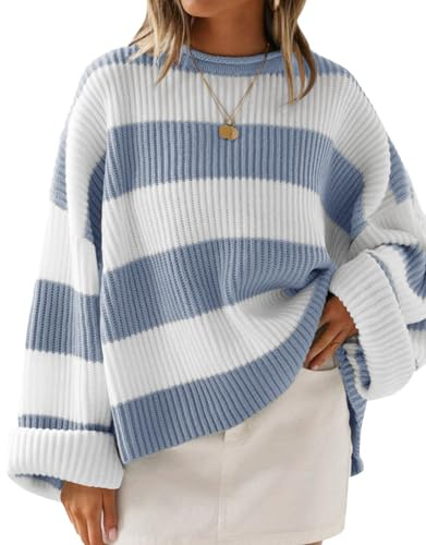 ZESICA Womens Fall Winter Oversized Striped Knit Sweaters Blue S