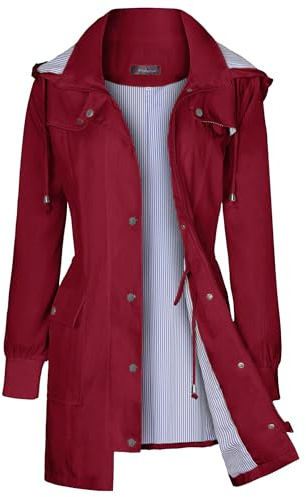 Bloggerlove Regenjacke für Frauen, leichte wasserdichte Windjacke mit Streifen, Outdoor-Kletterjacke mit Kapuze, Trenchmäntel, Größe S-XXL, Rotwein, M