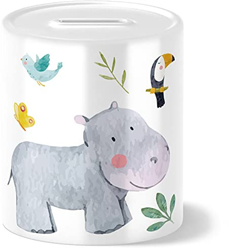 OWLBOOK® Safari Nilpferd Kinder Spardose Kinder Junge Mädchen | Geschenke zur Einschulung | Taufgeschenke | Geschenk Taufe Geburt Geburtstag | Sparschwein | Sparbüchse | Wiederverschließbar