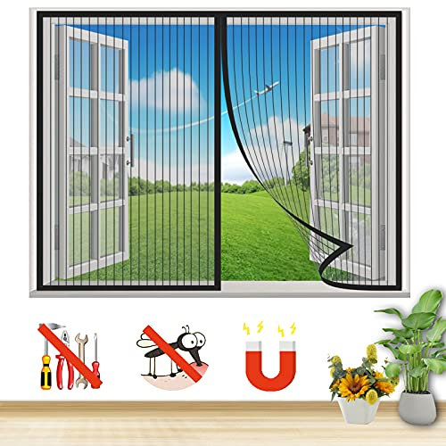 Moustiquaire Fenêtre Magnétique, Maille Rideau Anti Moustique Automatiquement Fermé, Moustiquaire Portes Fenêtre pour Balcon Salon, Sans Perçage-Black-A|| 31x31in(80x80cm)