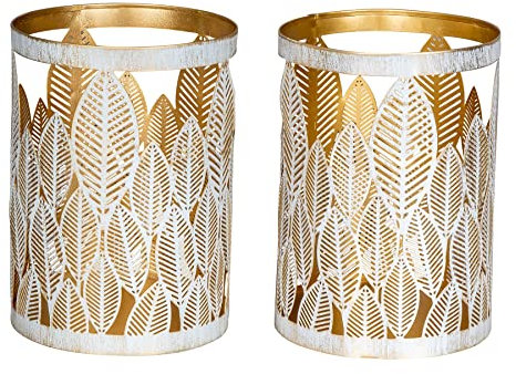 2er Set Windlicht 13x18cm Weiß Gold Metall Teelichthalter Blattdekor Blumendekor Tischdeko Industrial Kerzenhalter