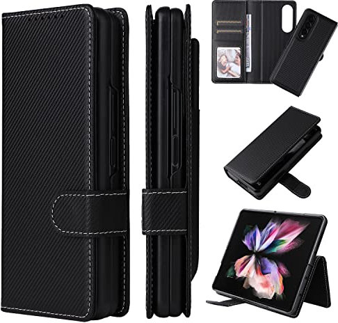 Coque Étui Portefeuille en Fibre de Carbone Détachable avec Porte-Stylet pour Samsung Galaxy Z Fold 3/Z Fold 3 5G Noir