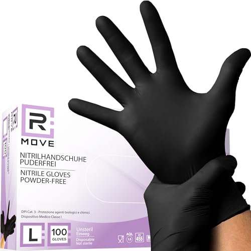 R MOVE 100 guanti in Nitrile Neri L senza polvere, senza lattice, ipoallergenici, guanti monouso per Estetisti, Tatuatori, Ambiti Medici, guanti per alimenti (L, Neri)