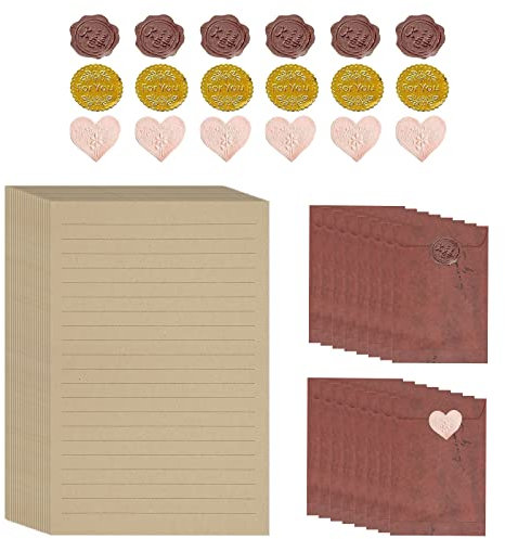 Briefumschlag Briefpapier Set,50 Vintage Briefpapiere und 16 Stück Rotbraune Umschlag Schreibpapier und 18 Siegelaufkleber Vintage Briefumschläge Umschlag Schreibpapier Set zum Schreiben (Red Brown)