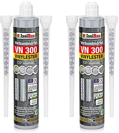 Isolbau VN 300 Injektionsmörtel 2 x 300 ml Montagemörtel inkl. 2 Statikmischer - 2K Verbundmörtel für Beton, Styrolfrei, ETA-Zulassung