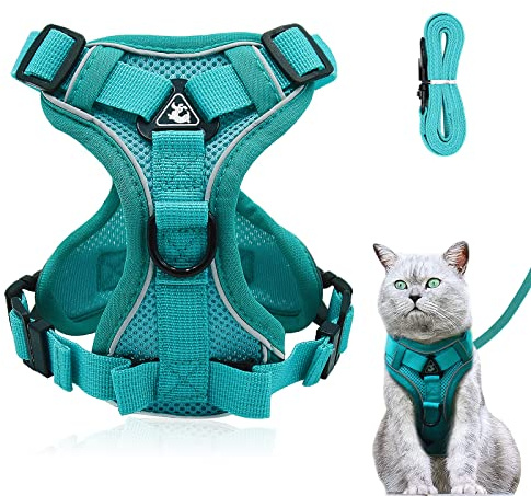 Cat Harness and Lead Set, Adjustable Kitten Harness and Lead Set with Reflective Strips Escape-Proof, Cat Vest Harness with Leash Sets for Cats Dogs Pets Walking (Lake blue, L)