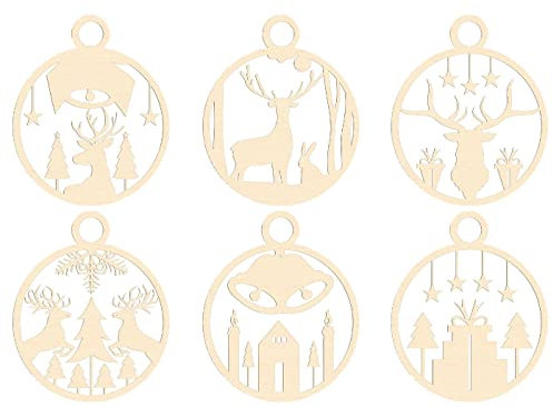 Weihnachtsanhänger Holz 6er Set Weihnachtsbaum-Schmuck - 10 cm Durchmesser - Ornament Christbaum Deko Hängedeko Weihnachten DIY